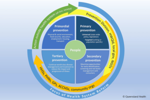 A circular illustration depicting the range of prevention activities in the Queensland health system – promordial, primary, secondary and tertiary – and the key organisations providing prevention in Queensland.