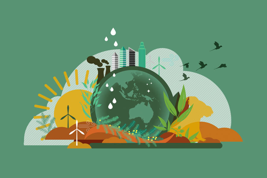 A detailed illustration showing the globe surrounded by hills, Australian plants and animals, wind turbines, the sun, nuclear power plant, skyscrapers, clouds and raindrops.