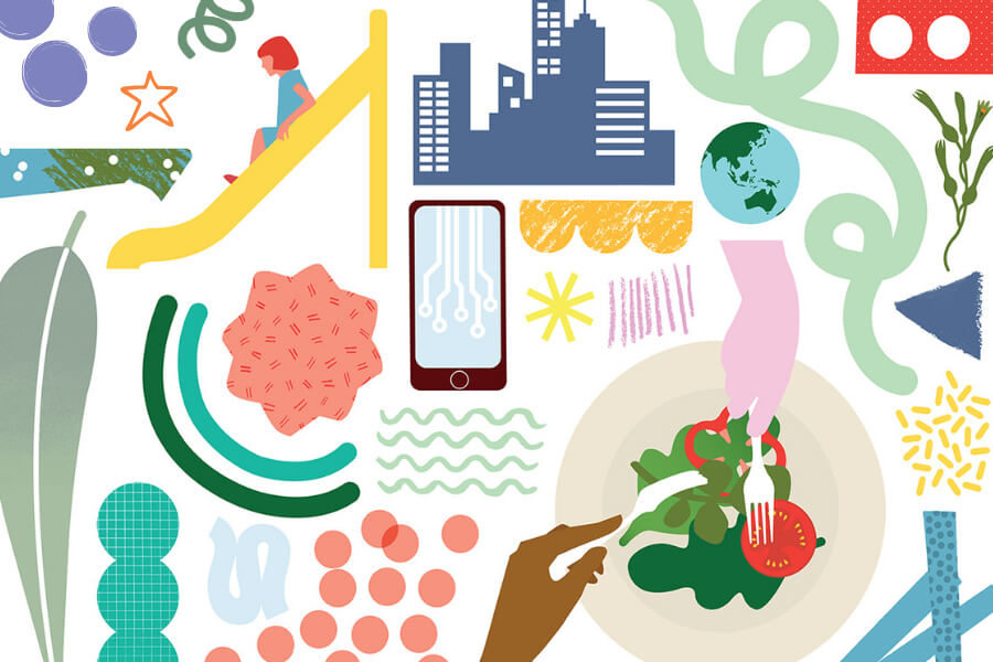 Icons showing nature, healthy food, cities, technology, play equipment