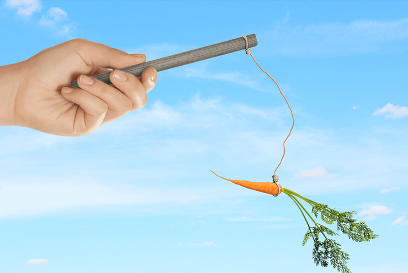 Hand holding a stick with a carrot dangling from it