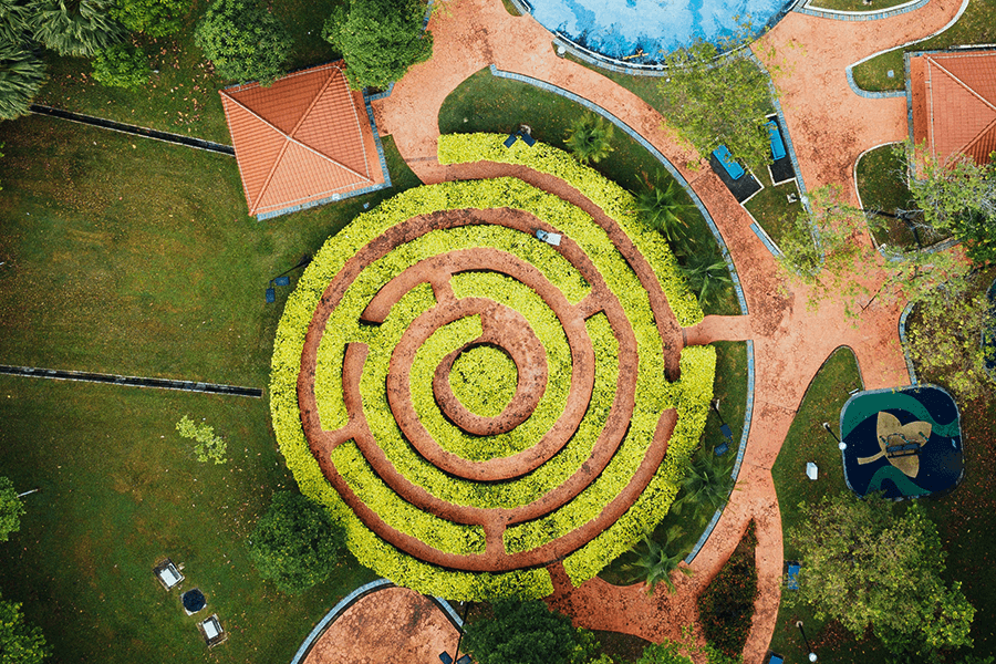 Overview of a circular garden maze