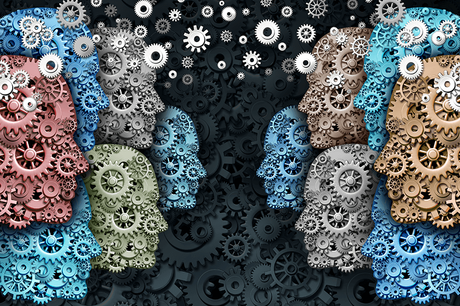 Illustration of many heads made out of cogs, with loose cogs flying between them