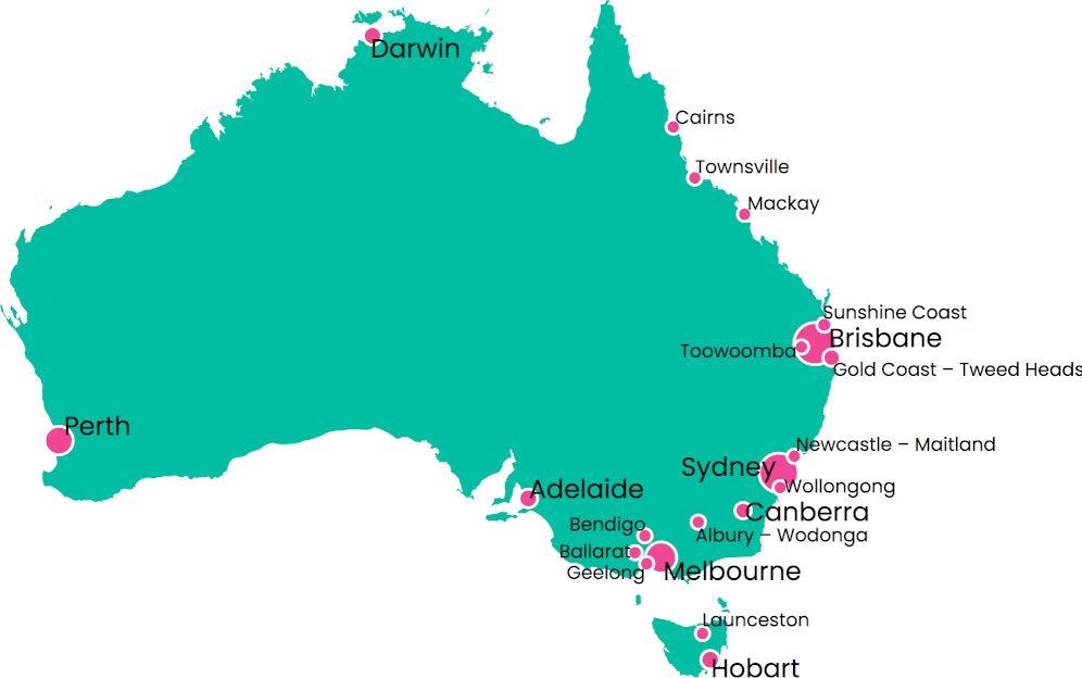 A map of Australia with the 21 largest cities marked: Melbourne, Sydney, Brisbane, Perth, Adelaide, Gold Coast–Tweed Heads, Newcastle–Maitland, Canberra, Sunshine Coast, Wollongong, Geelong, Hobart, Townsville, Cairns, Toowoomba, Darwin, Ballarat, Bendigo, Albury–Wodonga, Launceston and Mackay.