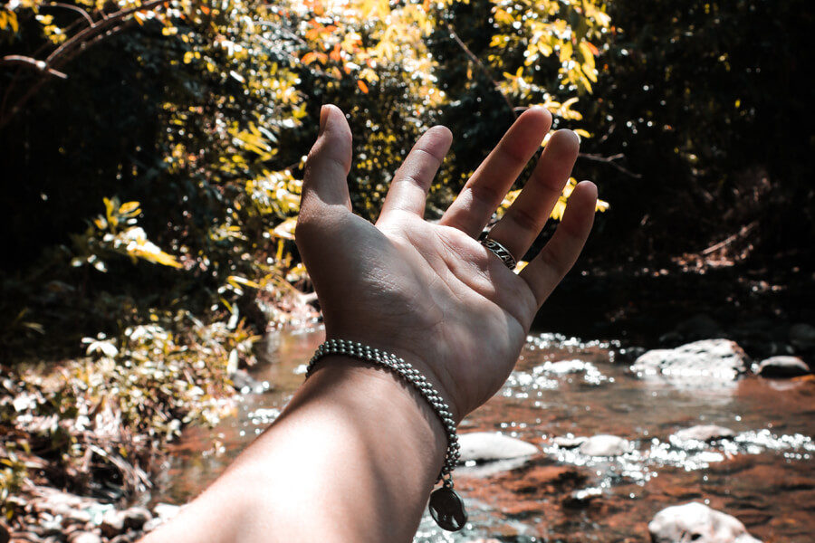 A hand reaches out to a river in the bush