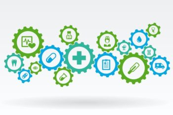 An illustration showing a series of interconnected cogs, each containing a different icon representing healthcare such as medication, nursing, an eye etc.