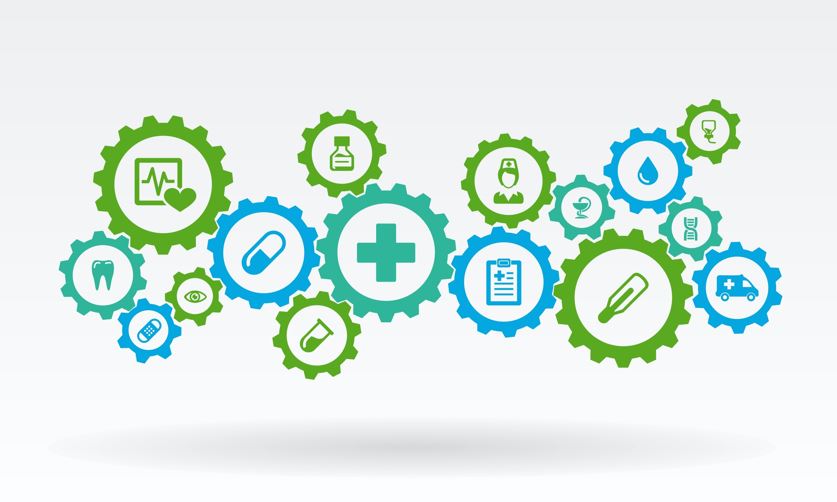 An illustration showing a series of interconnected cogs, each containing a different icon representing healthcare such as medication, nursing, an eye etc.