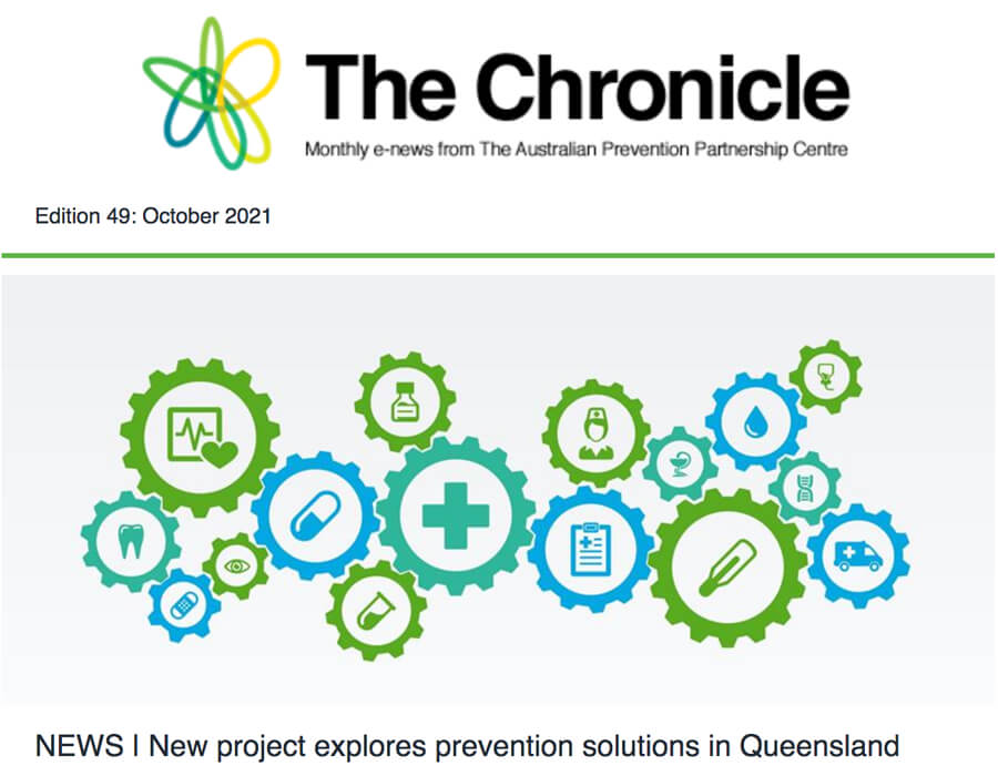 Cover of The Chronicle, News from the Prevention Centre, Edition 49: October 2021. the lead headline is "New project explores prevention solutions in Queensland"