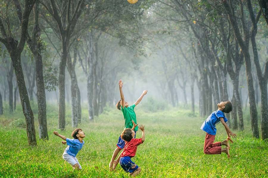 Children jump to catch a ball in a park full of trees