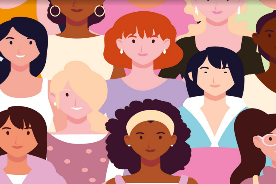 An illustration showing many rows of women smiling