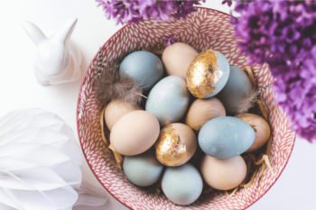 bowl of coloured eggs for easter