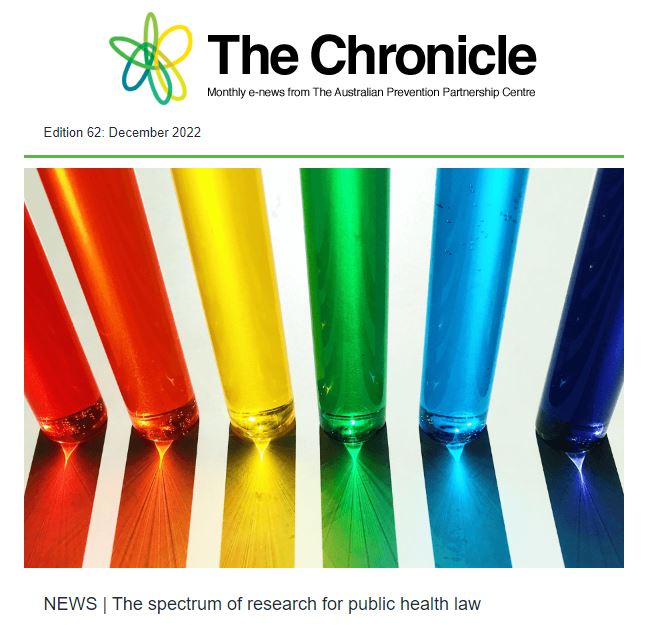 Cover of The Chronicle, News from the Prevention Centre, Edition 62: December 2022. The lead headline is "The spectrum of research for public health law”