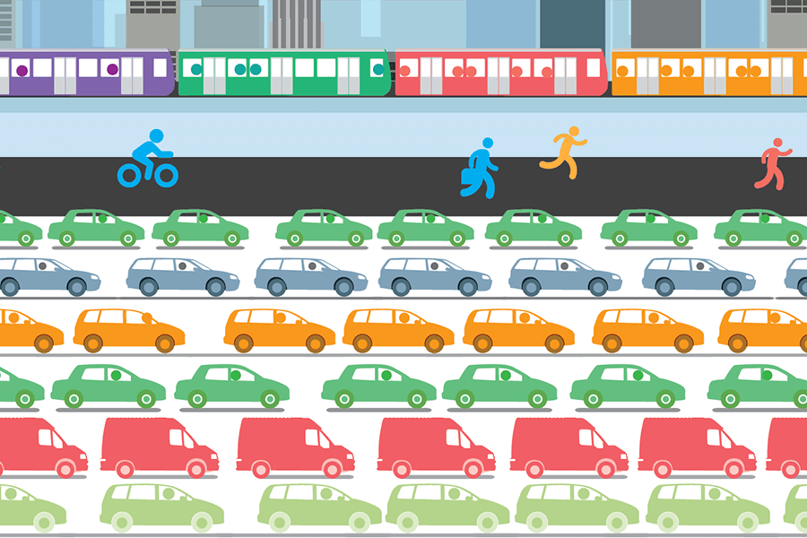 Illustration emphasising the high usage of cars by workers, showing a busy road full of cars alongside a path with a bike and a few people, and a train.