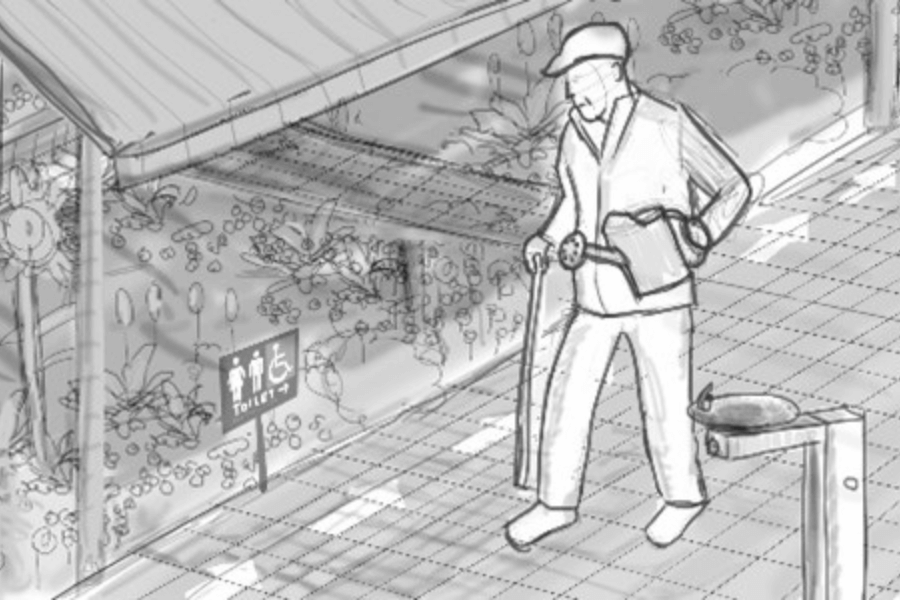 pencil drawing of an elderly man gardening