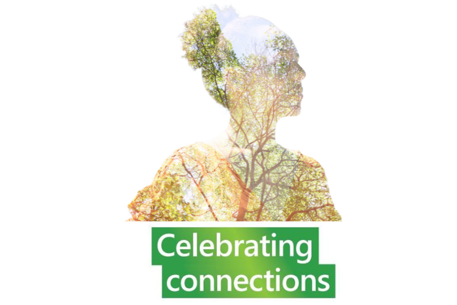 Image of a tree in the outline of a woman with text 'celebrating connections'
