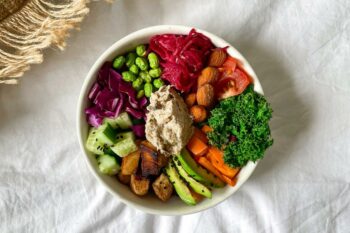 High protein salad bowl of Edamame, avocado, sweet potato, kale, avocado, hummus, almonds. Photo by calvin shelwell on Unsplash
