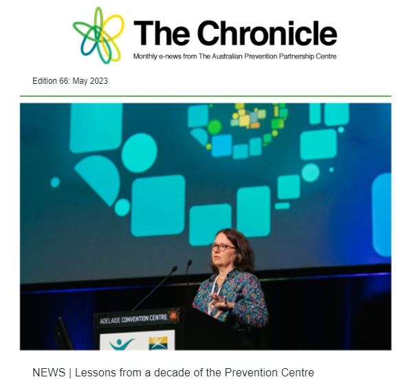 Cover of The Chronicle, News from the Prevention Centre, Edition 66: May 2023. The lead headline is "Lessons from a decade of the Prevention Centre”