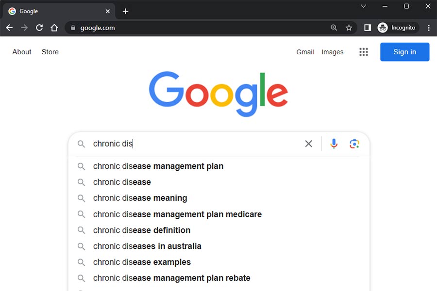 Screengrab of the Google homepage. The user is in the process of typing "chronic disease" but before completing the phrase, Google is offering eight predictions including chronic disease management plan, chronic disease meaning, chronic disease examples.