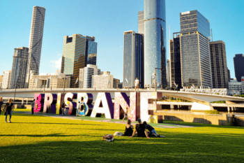 Brisbane sign with Brisbane skyline