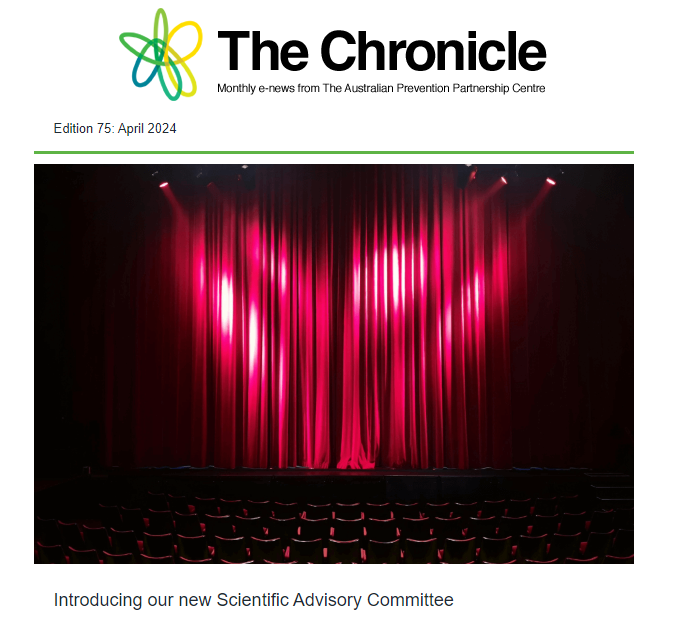 Cover of The Chronicle, News from the Prevention Centre, Edition 75: April 2024. The lead headline is ‘Introducing our Scientific Advisory Committee’
