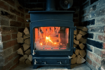 Wood heater alight with flames